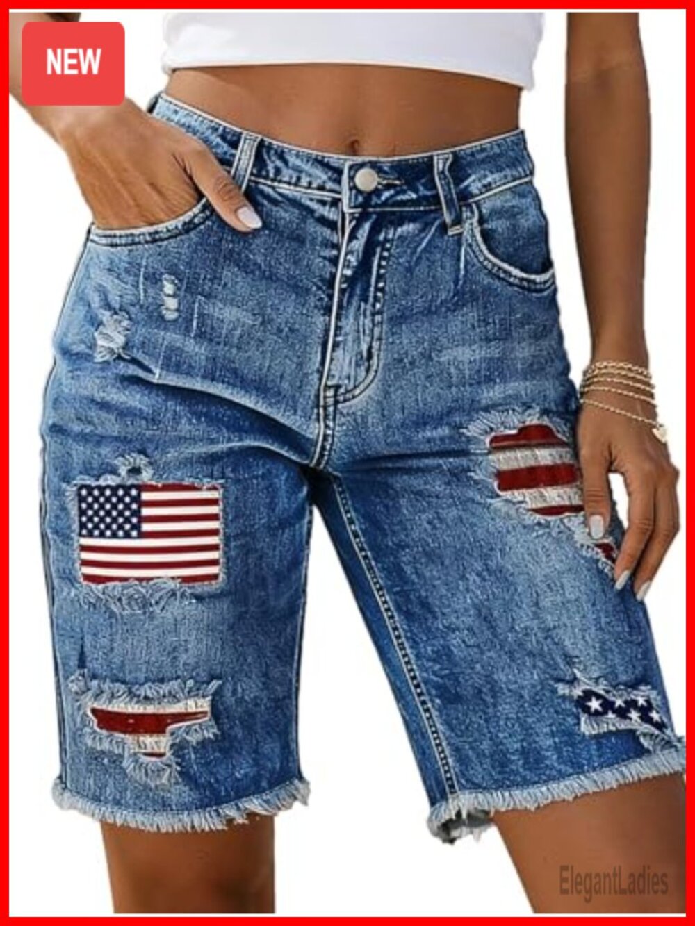 Mid Rise Denim Bermuda Shorts with American Flag Print